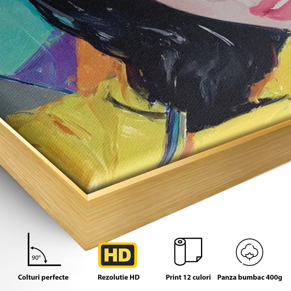 Detaliu al suprafetei: pictura cu femeie bruneta si umbrela colorata, in rama de aluminiu auriu